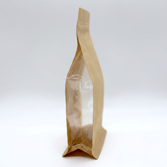 Flachbodenbeutel kraftbraun/transparent Zipper